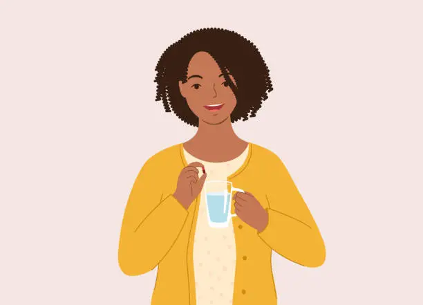 Vector illustration of Black Woman Taking Medicine With Water.