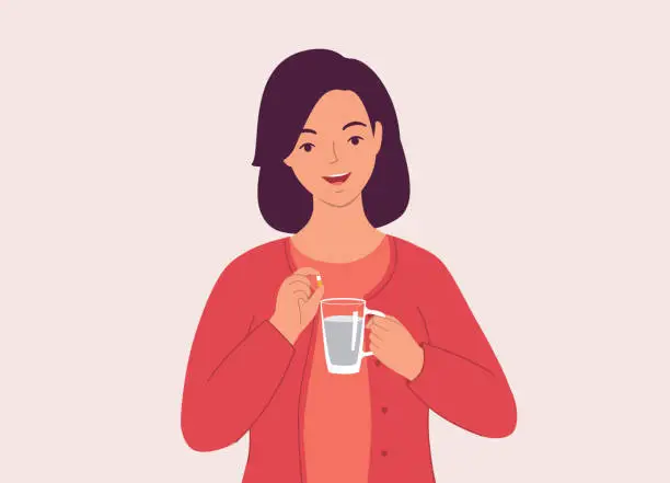 Vector illustration of Woman Taking Medicine With Water.