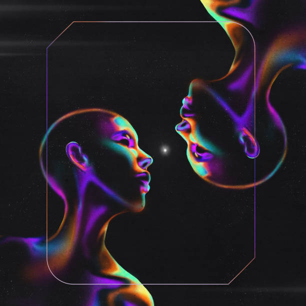 Contemporary art collage. Deep connections. Two neon profiles facing each other against cosmic background. Innovative design.