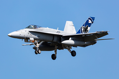Radom, Poland - August 24, 2023: Finnish Air Force Boeing F-18 Hornet fighter jet plane flying. Aviation and military aircraft.