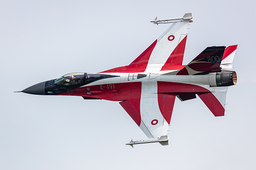 Radom, Poland - August 25, 2023: Royal Danish Air Force Lockheed F-16 Fighting Falcon fighter jet plane flying. Aviation and military aircraft.