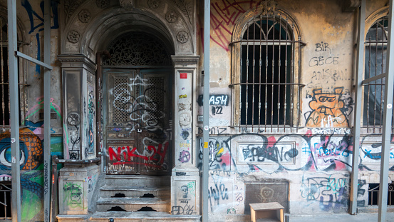 Istanbul, Turkey Dec. 18, 2023 Old abandoned building with graffiti on the walls in Istiklal street, Taksim Istanbul, Turkey