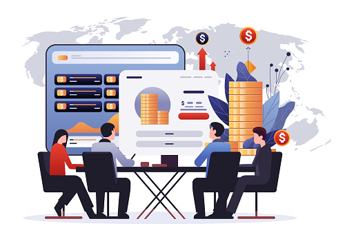 people analyzing graphs and diagrams financial security reliability stability growth fintech business investment concept horizontal vector illustration