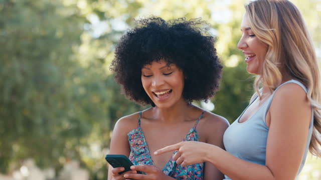 Smiling Same Sex Female Couple Or Friends Posing For Selfie On Mobile Phone Outdoors In Countryside