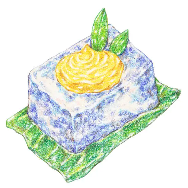 Vector illustration of pulut tai tai, blue glutinous rice cake color pencil drawing style, malaysian traditional kuih muih