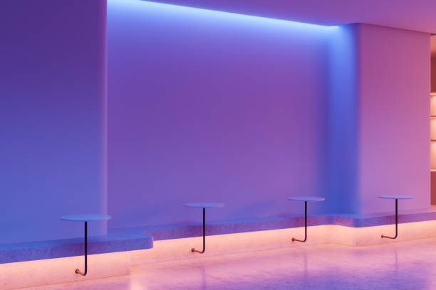istock Minimalist neon cafe interior with tables mounted, mock up wall 2147508888