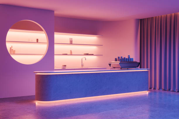 istock Neon purple cafe interior with bar counter 2147509110