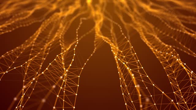 Network of bright connected dots and lines. Abstract dynamic wave of many particles and lines. Digital background. Seamless loop. 3D rendering.