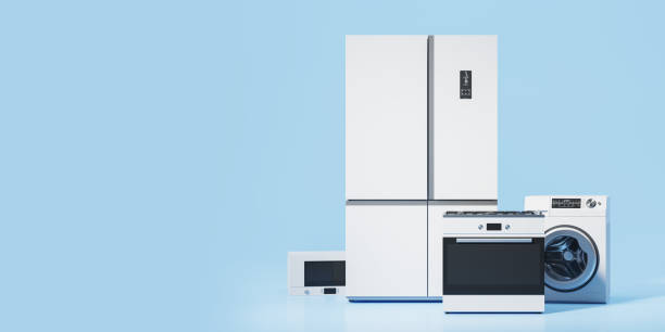 White home appliances set on empty copy space blue background. Refrigerator, oven, washing machine and microwave for modern apartment or house. 3D rendering illustration