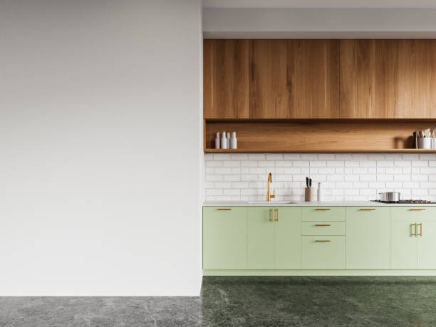 istock Luxury home kitchen interior with sink and refrigerator. Mockup wall 2147510085