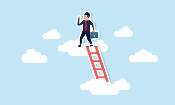 Vector illustration of Advancement to leadership role, career success through strategic business vision, concept of Confident CEO ascending stairs to guide company toward success under clear skies