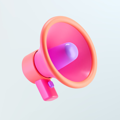 3d pink megaphone icon isolated on gray background. Render of loudspeaker for announce attention, promotion, hiring, sale and marketing concept. Render 3d cartoon simple vector illustration.