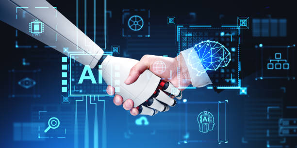istock Human and robot handshake, AI brain hologram and futuristic technologies icons 2147510378