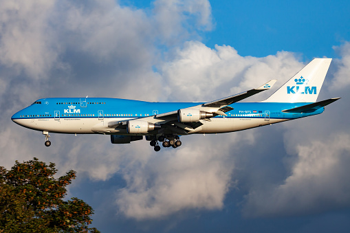 Amsterdam / Netherlands - August 14, 2014: KLM Royal Dutch Airlines Boeing 747-400 PH-BFS passenger plane arrival and landing at Amsterdam Schipol Airport
