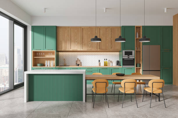 istock Green and wooden kitchen interior with island 2147510671