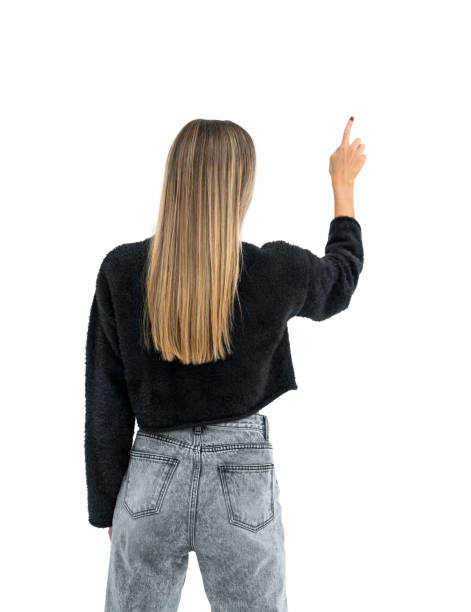 istock Young woman finger touch empty white isolated background 2147510816
