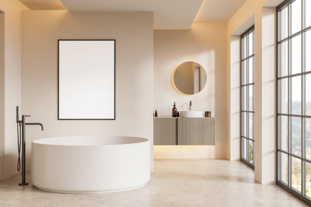 istock Stylish bathroom interior with bathtub and double sink. Mockup frame 2147510844