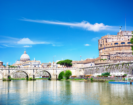 Castel Sant'Angelo, St. Peter's Basilica and Tiber river in Rome at sunny day