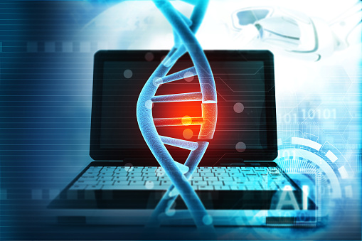 Laptop computer with DNA strand. DNA modification with the use of computer.  3d illustration