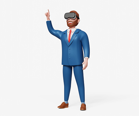 3D adult bearded businessman wearing virtual reality headset, using finger on augmented reality touch screen. Virtual conference, innovate and future technology concept 3d illustration
