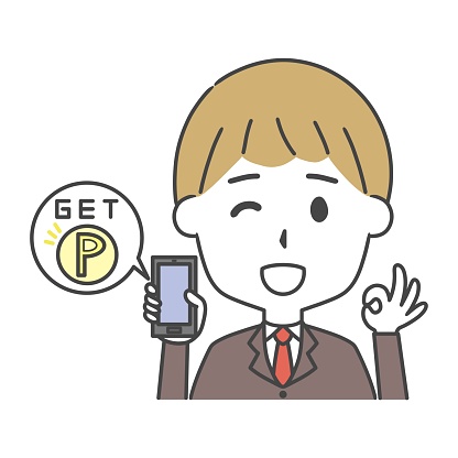 It is an illustration of a man in suit who happy to get points on his smartphone.