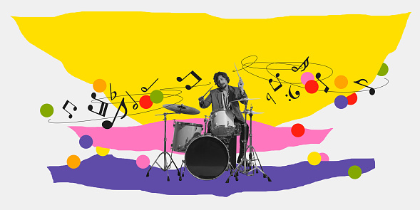 Monochrome image of talented man playin drums on white background with abstract colorful elements. Contemporary art collage. Concept of music festival, creativity, inspiration, art, event. Poster