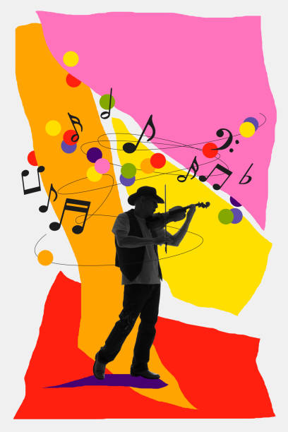 istock Talented man, musician playing violin on white background with abstract colorful elements. Contemporary art collage. 2147512404