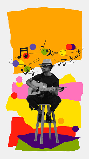 Stylish man sitting on chair and playing guitar on white background with abstract colorful elements. Contemporary art collage. Concept of music festival, creativity, inspiration, art, event. Poster