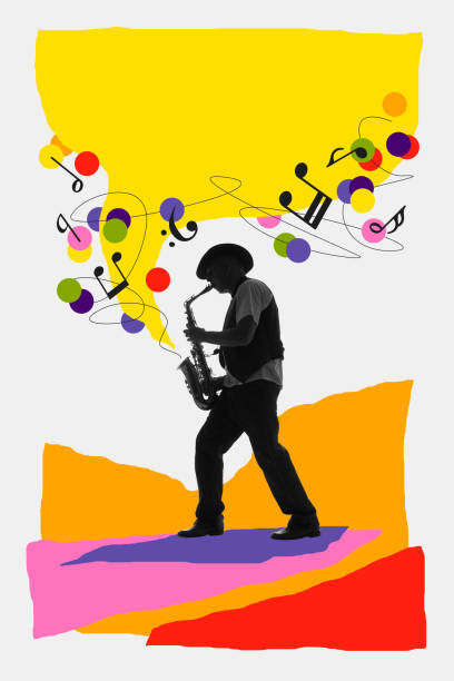 istock Silhouette of man playing saxophone on white background with colorful design elements. Contemporary art collage. 2147512412
