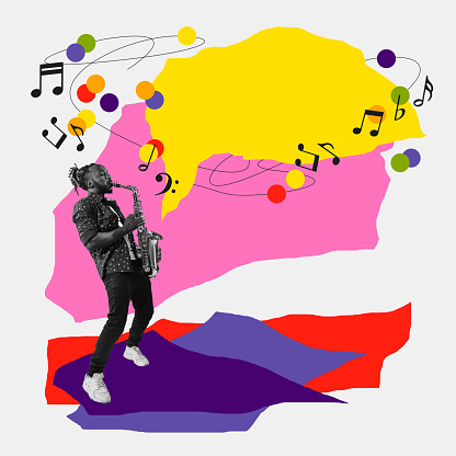 Stylish young man, musician playing saxophone on white background with abstract colorful elements. Contemporary art collage. Concept of music festival, creativity, inspiration, art, event. Poster