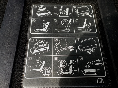 Instructions for opening and using an additional row of seats in the car. The scheme of opening car seats is drawn in white on a black background.