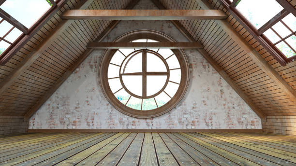 Empty Wooden Attic with a Round Shaped Window. 3D Render