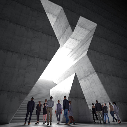 People Entering the Cross Shaped Wall. 3D Render