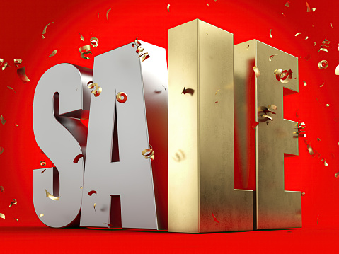 3D Sale Sign with Confetti. 3D Render