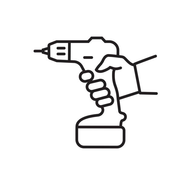elektrischer schraubendreher schwarzes liniensymbol. akkuschrauber oder bohrmaschine in der hand. - bohrmaschine stock-grafiken, -clipart, -cartoons und -symbole