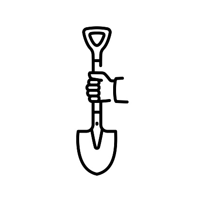 Shovel holding in hand. Black line icon. Gardening, griculture, planting concept. Dig the ground. Vector illustration flat design. Isolated on white background. Template, space,for text.
