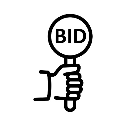 Bid line icon. Human hold sign in hand. Auction meeting. Business bidding process concept. Vector illustration flat design. Isolated on background. Template for open trade.