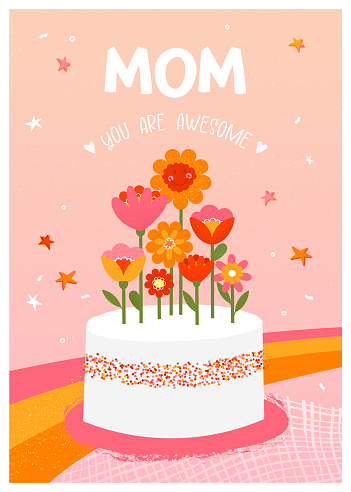Lovely hand drawn and written Mother's Day card, retro design, vibrant colors