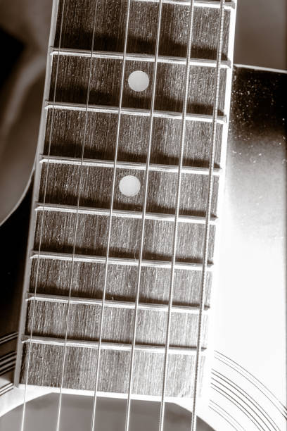 Fretboard of modern electric guitar. Close up.