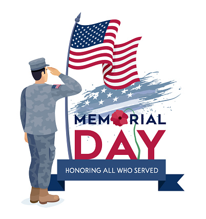 Memorial Day Celebration Poster. USA Memorial Day celebration. American National Day. Patriotic young soldier saluting.