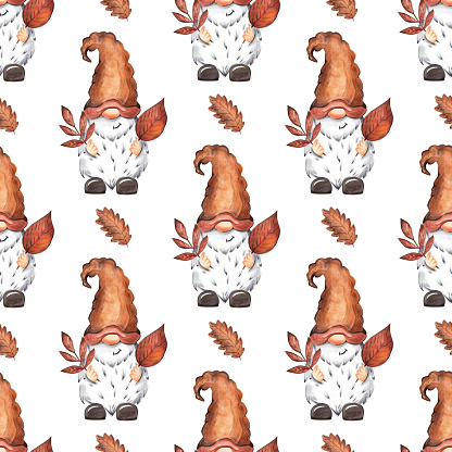 Gnomes and autumn leaves. Seamless pattern. Watercolor illustration
