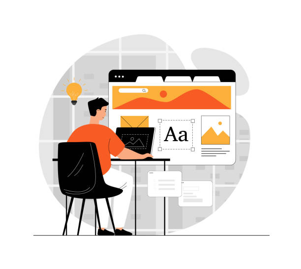 ilustraciones, imágenes clip art, dibujos animados e iconos de stock de concepto de estudio de diseño web. desarrollo de gráficos, imágenes, sitio de marca. proceso de diseño de ux ui para aplicaciones móviles y sitios web modernos. ilustración con escena de personas en diseño plano para sitio web - web designer