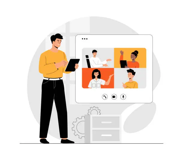 Vector illustration of Video conference, Online meeting, Remote teamwork, Conversation. People communicate online. Illustration with people scene in flat design for website and mobile development.