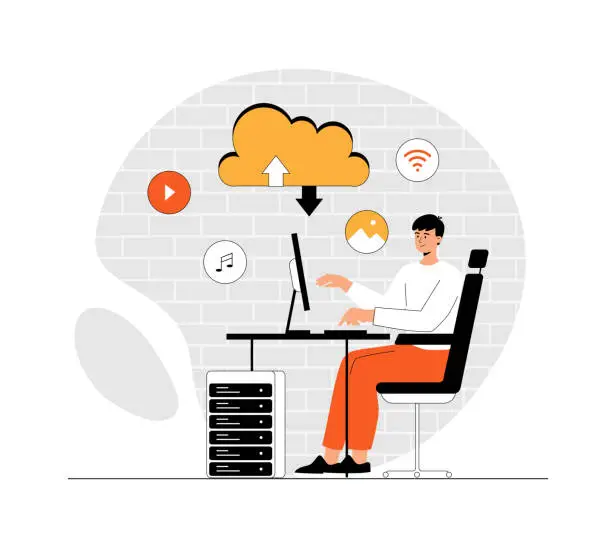 Vector illustration of Cloud computing, storage, data center, file management concept. Man uploads data to cloud service, sync or makes backup.Illustration with people scene in flat design for website and mobile development