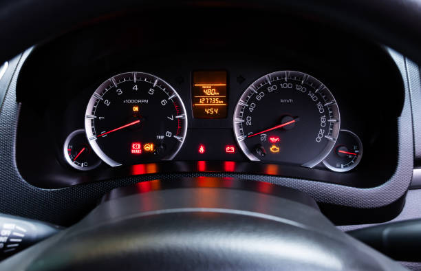 istock Analog dashboard car with colorful light status symbol 2147516215