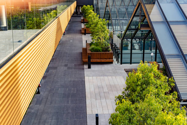 istock High-angle view of a landscaped leisure and dining area. 2147516704