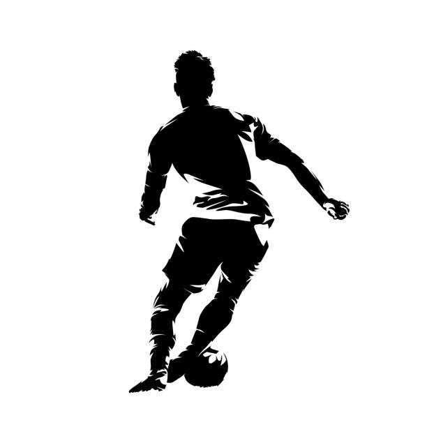 ilustraciones, imágenes clip art, dibujos animados e iconos de stock de jugador de fútbol corriendo con balón, silueta vectorial aislada. vista trasera - back and forwards