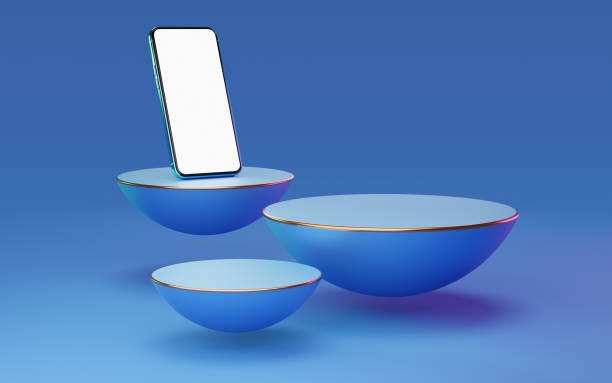 Blue mobile phone on half sphere podium floating with red and green rim light on bright background. Minimal studio 3d. Pedestal mockup space for modern. smartphone with blank white screen. 3d render. teléfono móvil azul en el podio de media esfera flotando con luz de borde roja y verde sobre fondo brillante. estudio minimalista en 3d. espacio de maqueta de pedestal para moderno. smartphone con pantalla blanca en blanco. renderizado 3d.