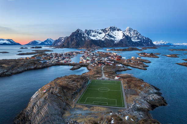 Dusk on Henningsvaer seen from above at spring, Lofoten Islands, Norway
