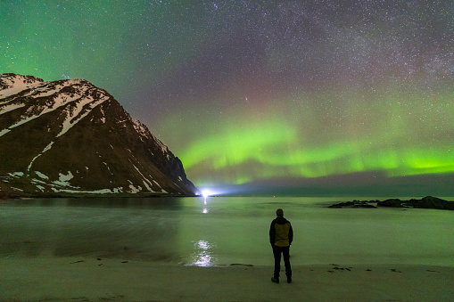 Rear view of a solo traveler standing on an empty beach in the arctic landscape under northern lights (aurora borealis), Lofoten Islands,Norway